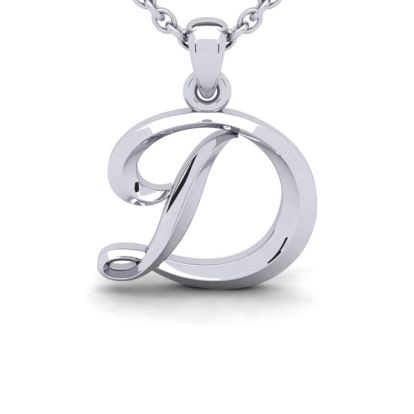 Letter D Swirly Initial Necklace In Heavy 14K White Gold With Free 18 Inch Cable Chain