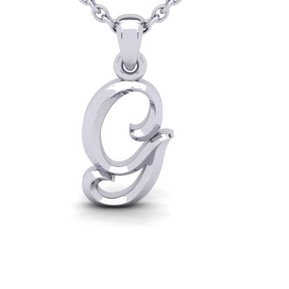 Letter G Swirly Initial Necklace In Heavy 14K White Gold With Free 18 Inch Cable Chain
