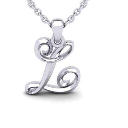 Letter L Swirly Initial Necklace In Heavy 14K White Gold With Free 18 Inch Cable Chain