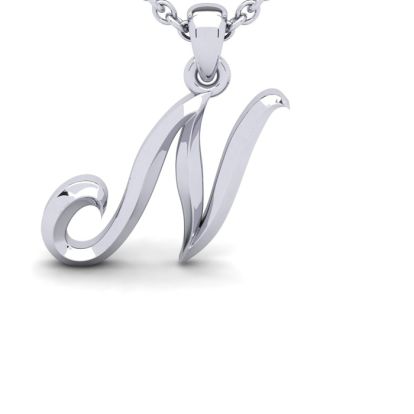 Letter N Swirly Initial Necklace In Heavy 14K White Gold With Free 18 Inch Cable Chain