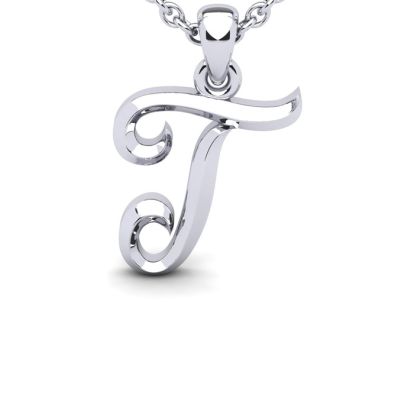 Letter T Swirly Initial Necklace In Heavy 14K White Gold With Free 18 Inch Cable Chain