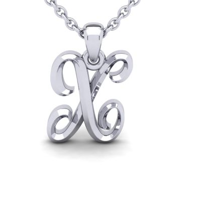 Letter X Swirly Initial Necklace In Heavy 14K White Gold With Free 18 Inch Cable Chain