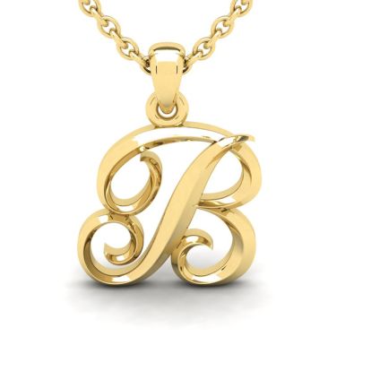 Letter B Swirly Initial Necklace In Heavy 14K Yellow Gold With Free 18 Inch Cable Chain