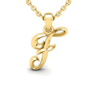Letter F Swirly Initial Necklace In Heavy 14K Yellow Gold With Free 18 Inch Cable Chain