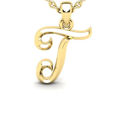 Letter T Swirly Initial Necklace In Heavy 14K Yellow Gold With Free 18 Inch Cable Chain
