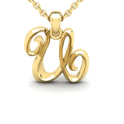 Letter U Swirly Initial Necklace In Heavy 14K Yellow Gold With Free 18 Inch Cable Chain