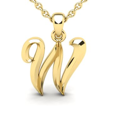 Letter W Swirly Initial Necklace In Heavy 14K Yellow Gold With Free 18 Inch Cable Chain