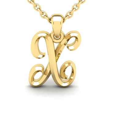 Letter X Swirly Initial Necklace In Heavy 14K Yellow Gold With Free 18 Inch Cable Chain