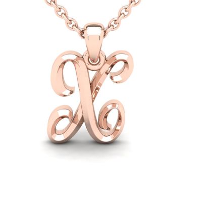 Letter X Swirly Initial Necklace In Heavy 14K Rose Gold With Free 18 Inch Cable Chain