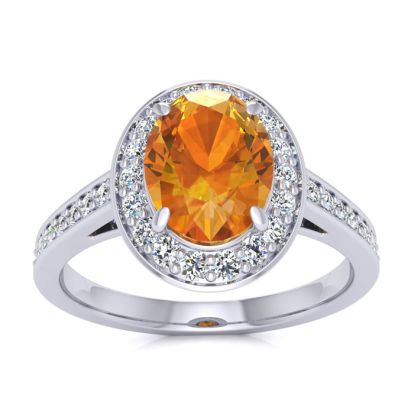 1 1/3 Carat Oval Shape Citrine and Halo Diamond Ring In 14 Karat White Gold