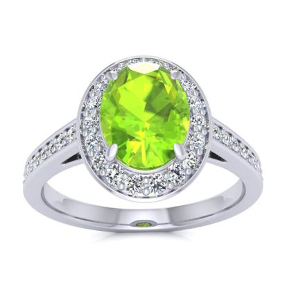1 1/2 Carat Oval Shape Peridot and Halo Diamond Ring In 14 Karat White Gold