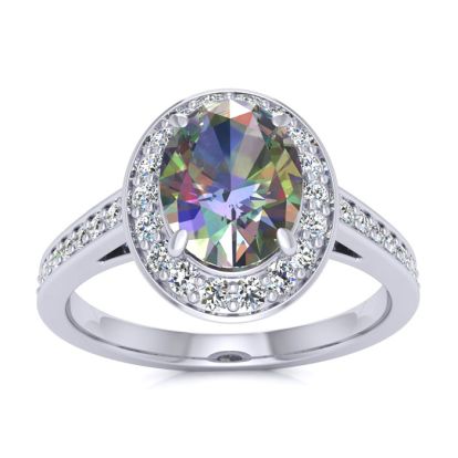1-3/4 Carat Oval Shape Mystic Topaz Ring With Diamond Halo In 14 Karat White Gold