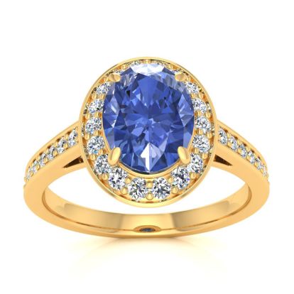 1 1/2 Carat Oval Shape Tanzanite and Halo Diamond Ring In 14 Karat Yellow Gold