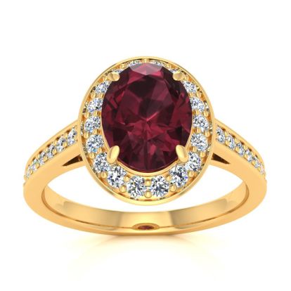 Garnet Ring: Garnet Jewelry: 1 3/4 Carat Oval Shape Garnet and Halo Diamond Ring In 14 Karat Yellow Gold