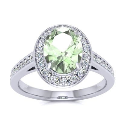 1 1/3 Carat Oval Shape Green Amethyst and Halo Diamond Ring In 14 Karat White Gold