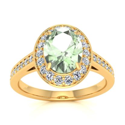 1 1/3 Carat Oval Shape Green Amethyst and Halo Diamond Ring In 14 Karat Yellow Gold