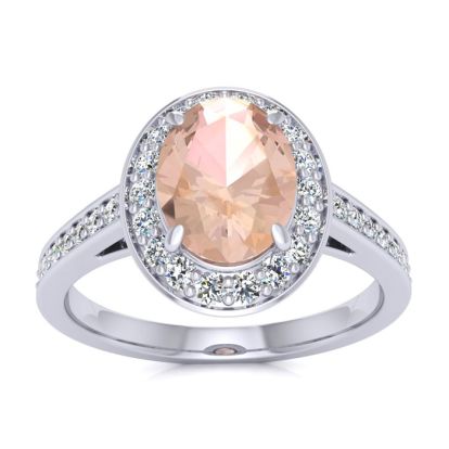 1-1/2 Carat Oval Shape Morganite and Halo Diamond Ring In 14 Karat White Gold