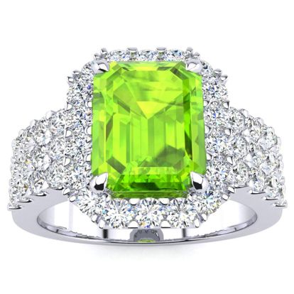 3 1/2 Carat Peridot and Halo Diamond Ring In 14 Karat White Gold