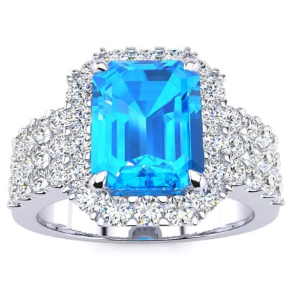 3 3/4 Carat Blue Topaz and Halo Diamond Ring In 14 Karat White Gold