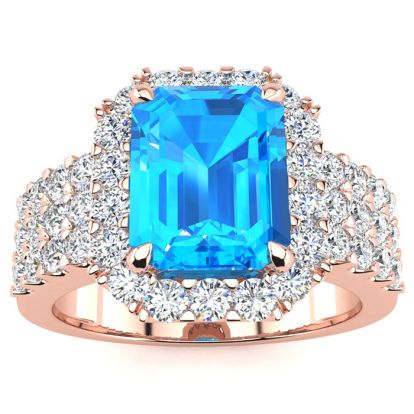 3 3/4 Carat Blue Topaz and Halo Diamond Ring In 14 Karat Rose Gold