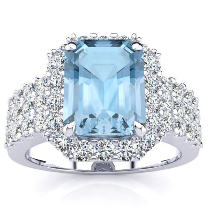 Aquamarine Ring: Aquamarine Jewelry: 3 Carat Aquamarine and Halo Diamond Ring In 14 Karat White Gold