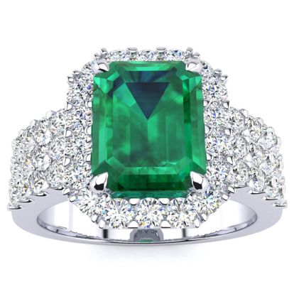 3 Carat Emerald and Halo Diamond Ring In 14 Karat White Gold