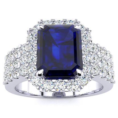 3 3/4 Carat Sapphire and Halo Diamond Ring In 14 Karat White Gold