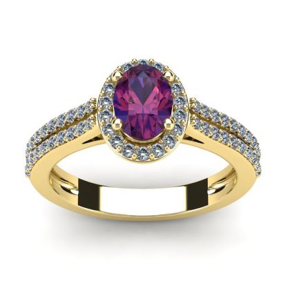 1 Carat Oval Shape Amethyst and Halo Diamond Ring In 14 Karat Yellow Gold