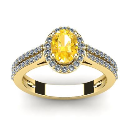 1 Carat Oval Shape Citrine and Halo Diamond Ring In 14 Karat Yellow Gold