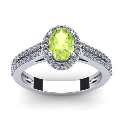 1 1/3 Carat Oval Shape Peridot and Halo Diamond Ring In 14 Karat White Gold