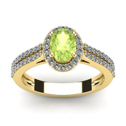 1 1/3 Carat Oval Shape Peridot and Halo Diamond Ring In 14 Karat Yellow Gold