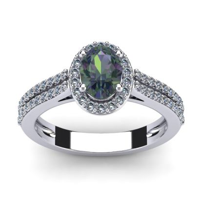 1-1/2 Carat Oval Shape Mystic Topaz Ring With Diamond Halo In 14 Karat White Gold