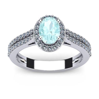 Aquamarine Ring: Aquamarine Jewelry: 1 1/4 Carat Oval Shape Aquamarine and Halo Diamond Ring In 14 Karat White Gold