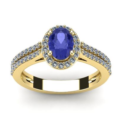 1 1/3 Carat Oval Shape Tanzanite and Halo Diamond Ring In 14 Karat Yellow Gold