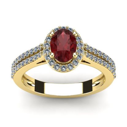 Garnet Ring: Garnet Jewelry: 1 1/2 Carat Oval Shape Garnet and Halo Diamond Ring In 14 Karat Yellow Gold
