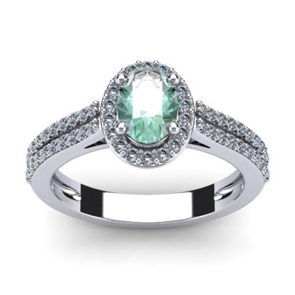 1 Carat Oval Shape Green Amethyst and Halo Diamond Ring In 14 Karat White Gold