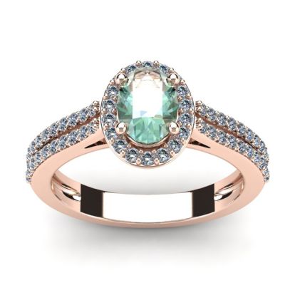 1 Carat Oval Shape Green Amethyst and Halo Diamond Ring In 14 Karat Rose Gold