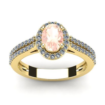 1-1/4 Carat Oval Shape Morganite and Halo Diamond Ring In 14 Karat Yellow Gold