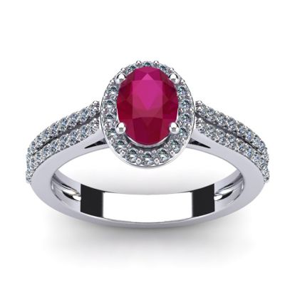 1 1/3 Carat Oval Shape Ruby and Halo Diamond Ring In 14 Karat White Gold