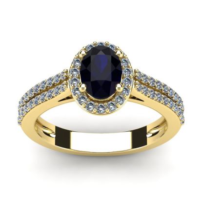 1 1/2 Carat Oval Shape Sapphire and Halo Diamond Ring In 14 Karat Yellow Gold