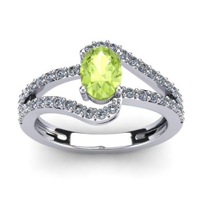 1 1/3 Carat Oval Shape Peridot and Fancy Diamond Ring In 14 Karat White Gold