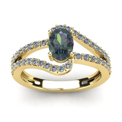 1-1/2 Carat Oval Shape Mystic Topaz Ring With Fancy Diamond Swirls In 14 Karat Yellow Gold