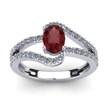 Garnet Ring: Garnet Jewelry: 1 1/2 Carat Oval Shape Garnet and Fancy Diamond Ring In 14 Karat White Gold