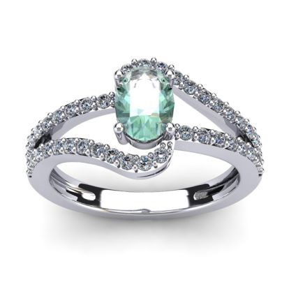 1 Carat Oval Shape Green Amethyst and Fancy Diamond Ring In 14 Karat White Gold