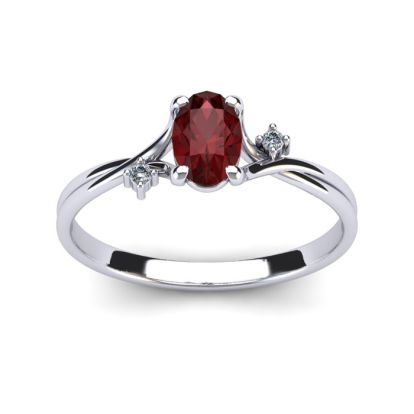 Garnet Ring: Garnet Jewelry: 1/2 Carat Oval Shape Garnet and Two Diamond Accent Ring In 14 Karat White Gold