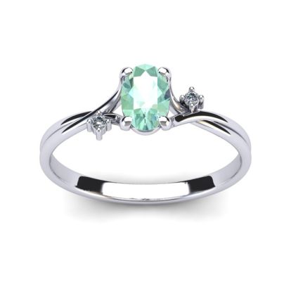 1/2 Carat Oval Shape Green Amethyst and Two Diamond Accent Ring In 14 Karat White Gold