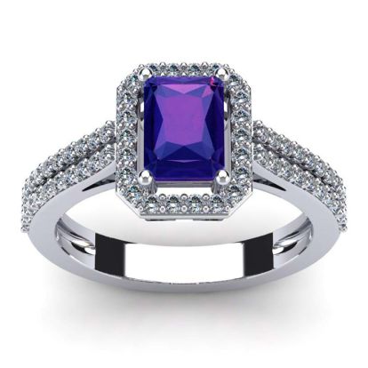1 1/3 Carat Amethyst and Halo Diamond Ring In 14 Karat White Gold
