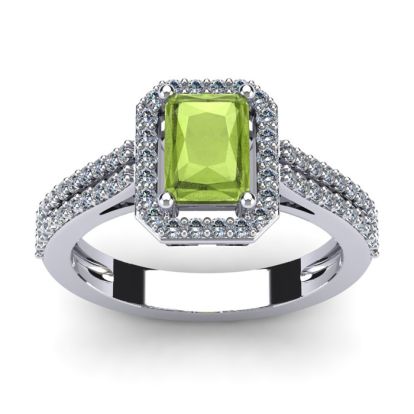 1 1/2 Carat Peridot and Halo Diamond Ring In 14 Karat White Gold
