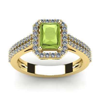 1 1/2 Carat Peridot and Halo Diamond Ring In 14 Karat Yellow Gold