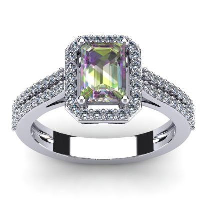 1-1/3 Carat Octagon Shape Mystic Topaz Ring With Diamond Halo In 14 Karat White Gold